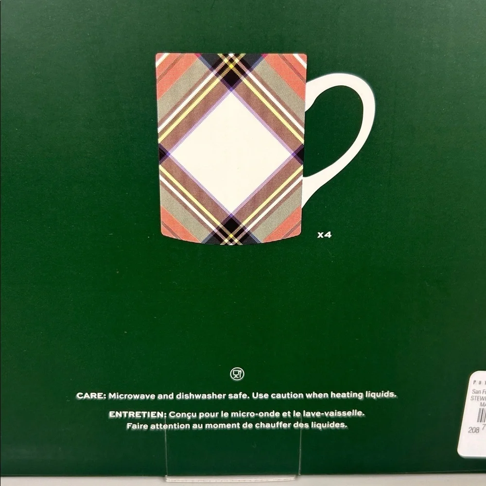 Pottery Barn Stewart‎ Plaid Set of 4 Coffee Tea Classic Festive Mugs New in Box!